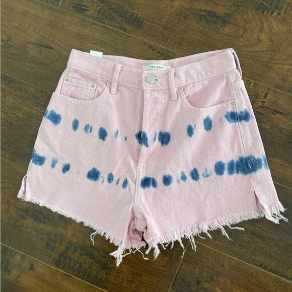 Pacsun Pink Tie Dye Denim Ultra High Rise Vintage Short Waisted Festival Shorts - Picture 2 of 8